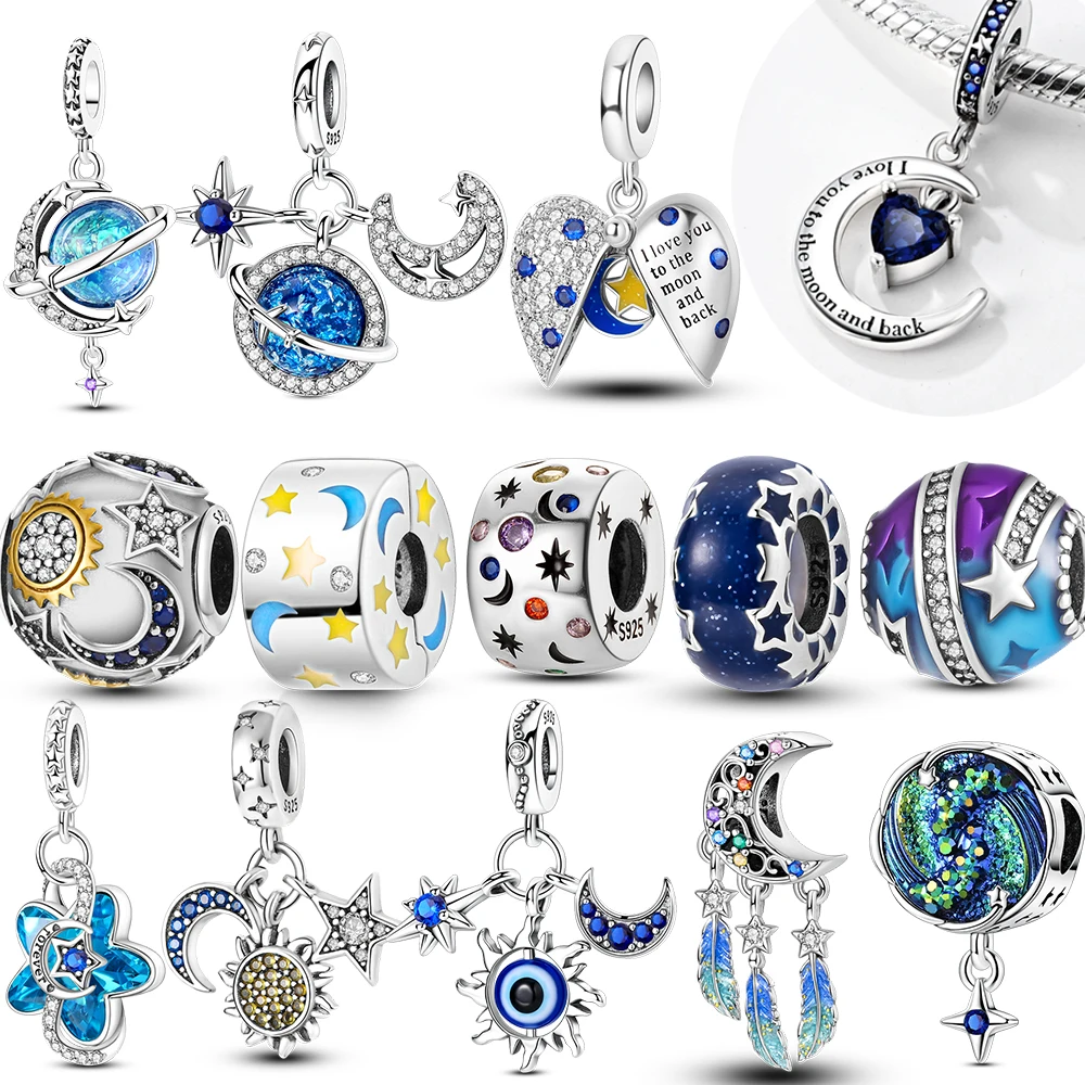 100% Real 925 Sterling Silver Star Sun Moon Pandent Charms Beads Jewellery Fit Original 925 Bracelet For Women DIY Gift Party