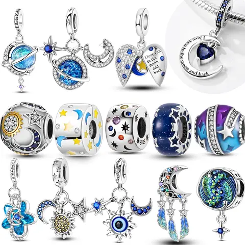 100% Real 925 Sterling Silver Star Sun Moon Pandent Charms Beads Jewellery Fit Original 925 Bracelet For Women DIY Gift Party