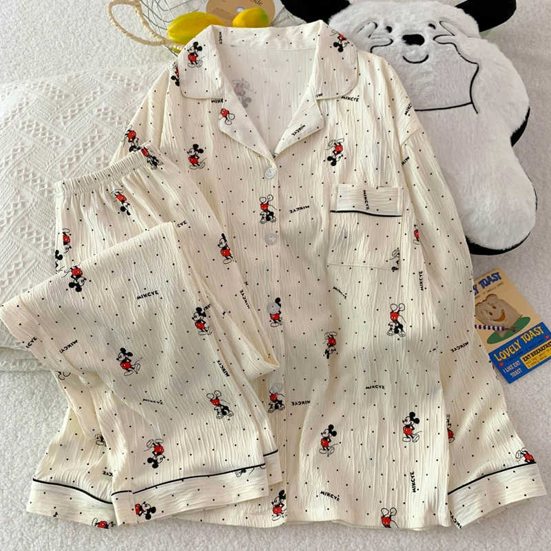 

Disney Mickey Dot Cartoon Cute Pajamas Set for Women Lapel Neck Fashion Women's Pajamas Autumn Winter New Long Sleeve Sleepwear