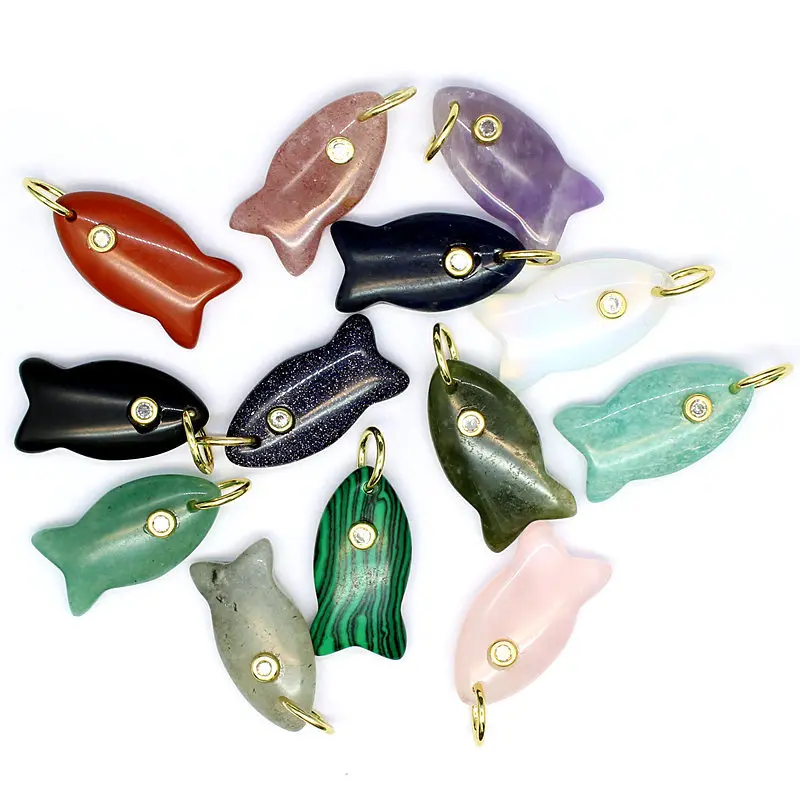 Natural Stone Zircon Fish Pendant Healing Crystals Charm DIY Handmade Jewelry Making Necklace Bracelet Bag Key Accessories 1PC