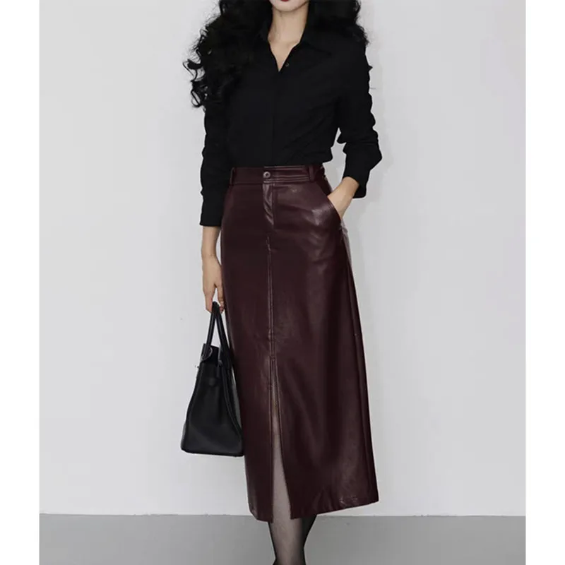 Spring Real Leather Long Skirt for Women Wrap Hip Front Split Back Waist Elastic French Style Female Burdundy Slim Pencil Faldas