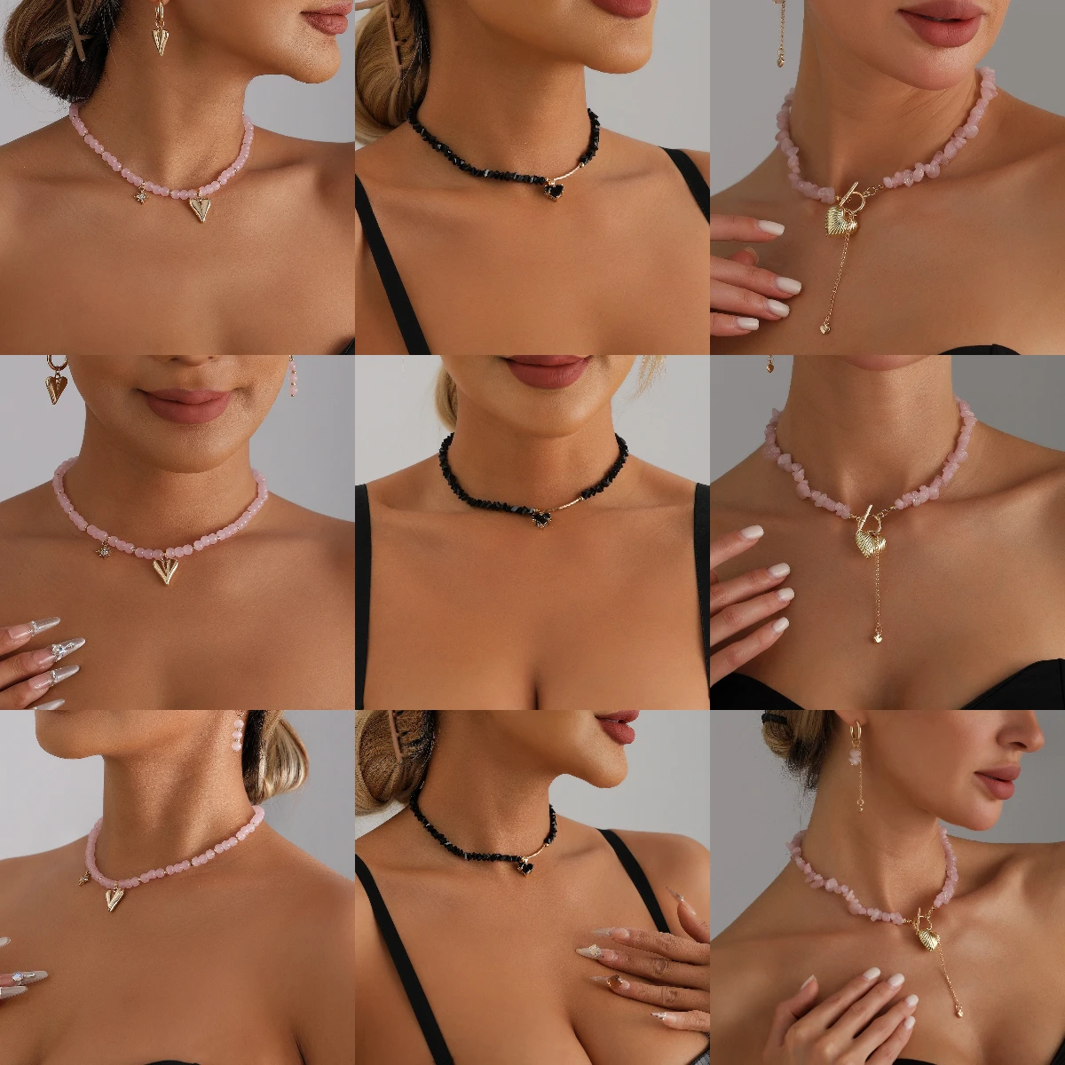 Cross border jewelry gentle rose pink heart-shaped tassel necklace for women, versatile design accessory set