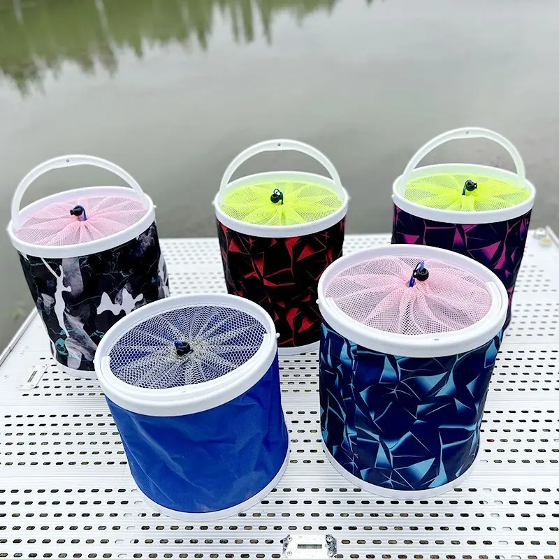 

Thickened new outdoor hard bottom wild fishing folding multi-functional fishing bucket with anti-jump net portable fishing
