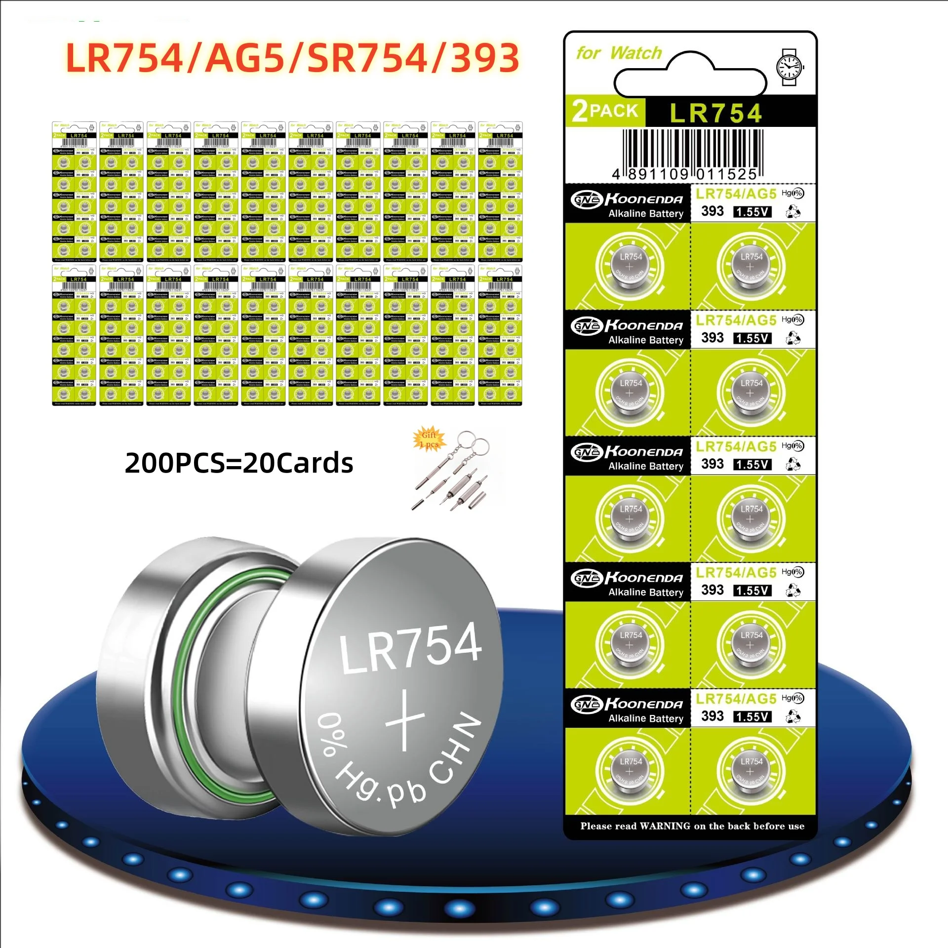 

200pcs AG5 Cell Battery 1.5V LR754 393 SR48 SR754 Alkailine Coin Button Batteries