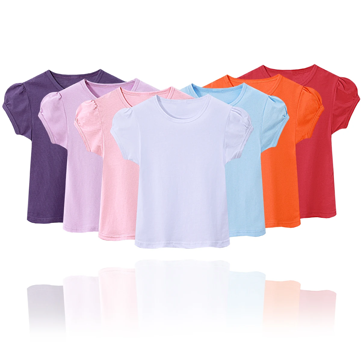 Kids Girl T-Shirt Short Puff Sleeve Tees Summer Toddler Teenagers Casual Tops Crew Neck 100% Cotton Tee 2-12 Years
