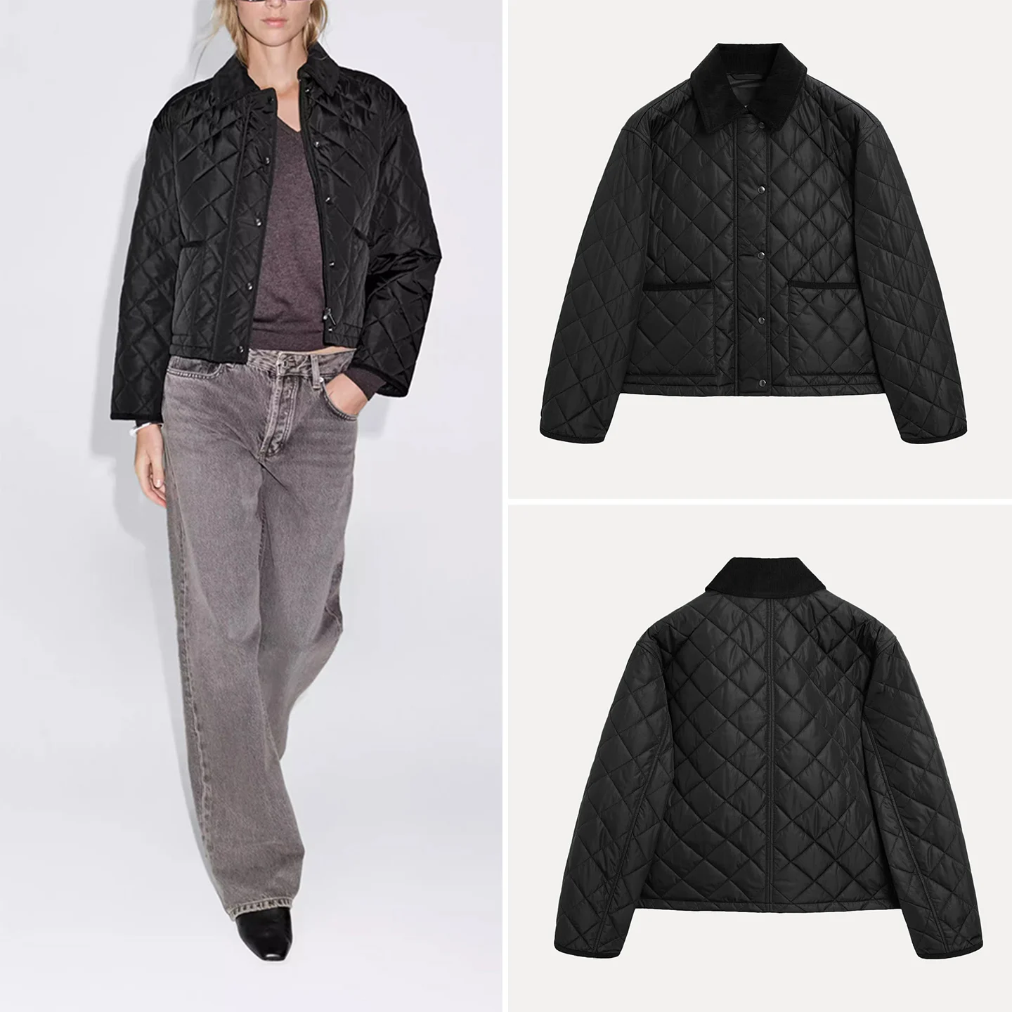 

Autumn New Arrival Women's Plaid Corduroy Collar Oral Coat Straight Tube Style Long Sleeve Short Length Single Button Closure