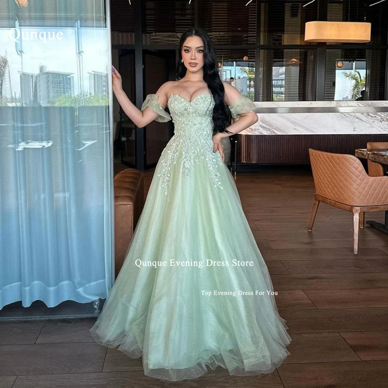 Qunque Pretty Appliques Tulle Evening Dresses For Women Mint Green Sweetheart Long Party Dresses With Removable Short Sleeves