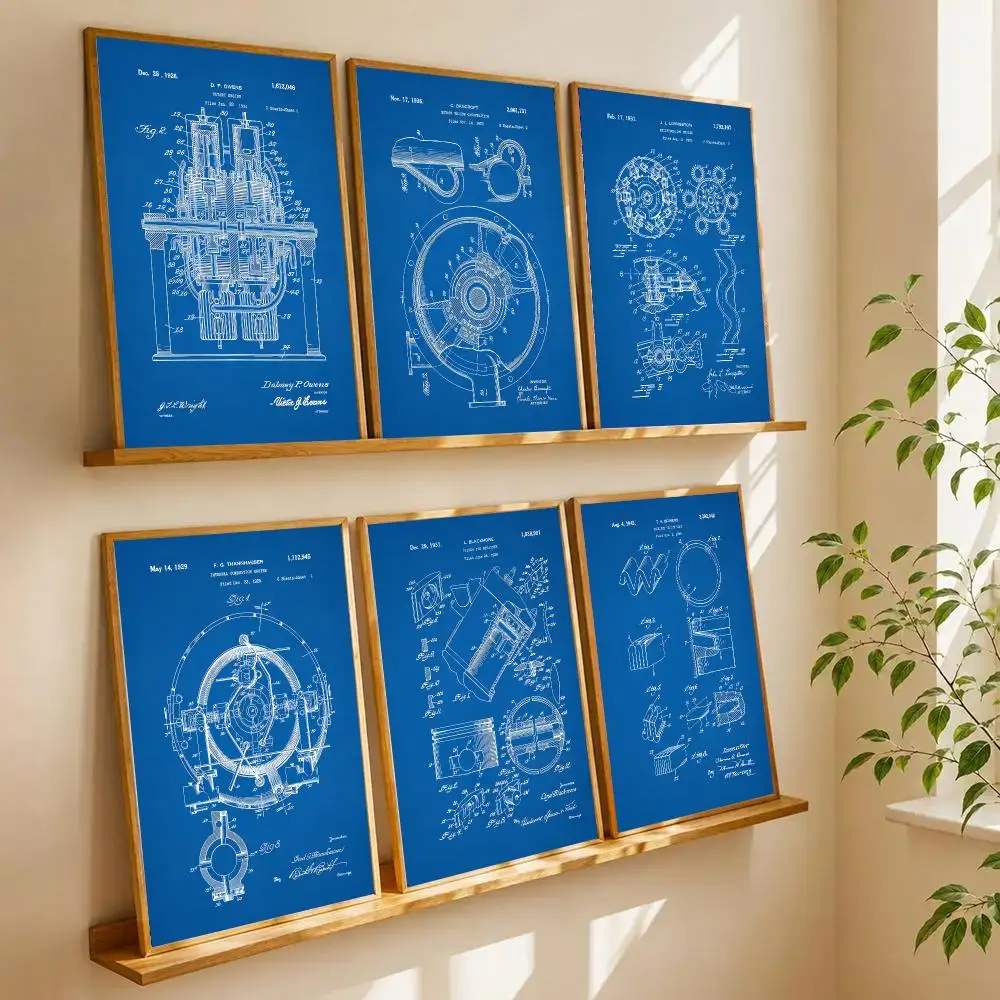 Classic E-Engine Motor Mechanic Blueprints  Poster Self Adhesive Wall Art Decor for Bedroom Living Room Office Home Decor Gift
