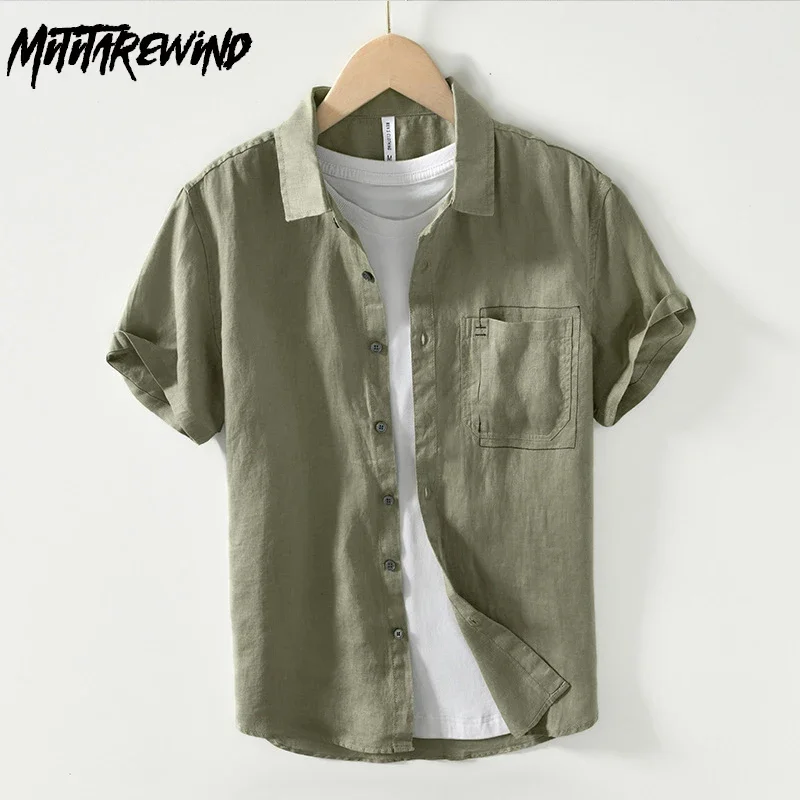 

Летние мужские рубашки из чистого льна, пляжные дышащие топы, повседневные рубашки, однотонная рубашка на пуговицах с короткими рукавами, мужская японская одежда в стиле ретро