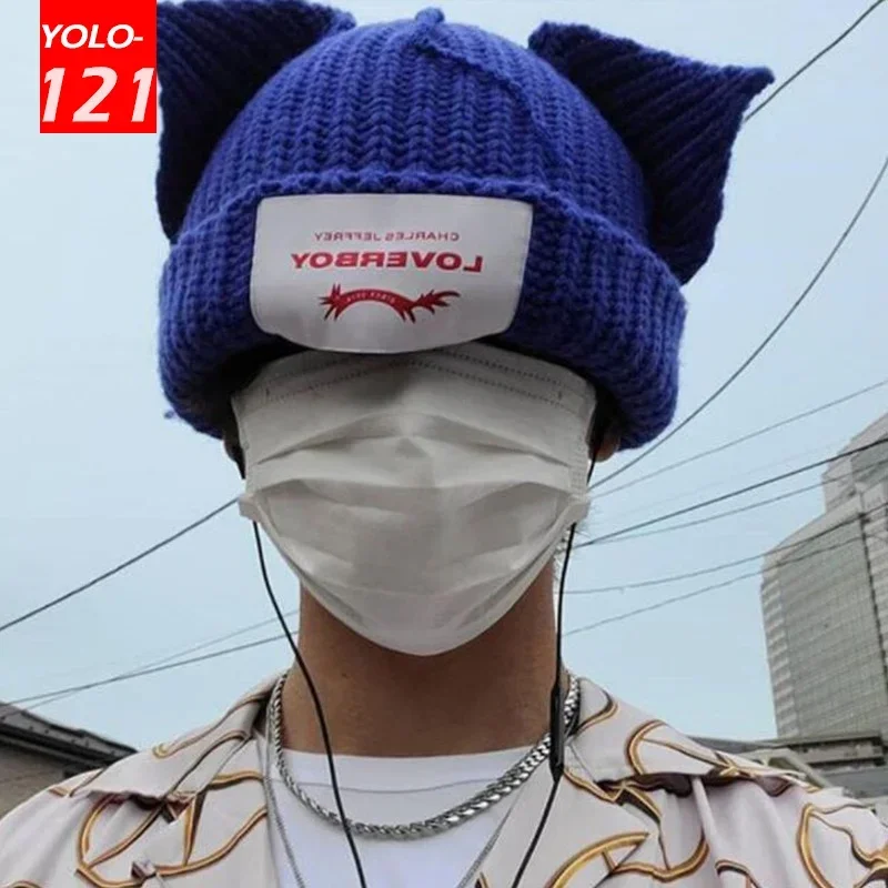 Loverboy Cat Ear Knit Hat Double-layer Warm Pig Ear Woolen Hat Cute Fashion Hooded Cap Niche Design Hip-hop Personality Cold Hat