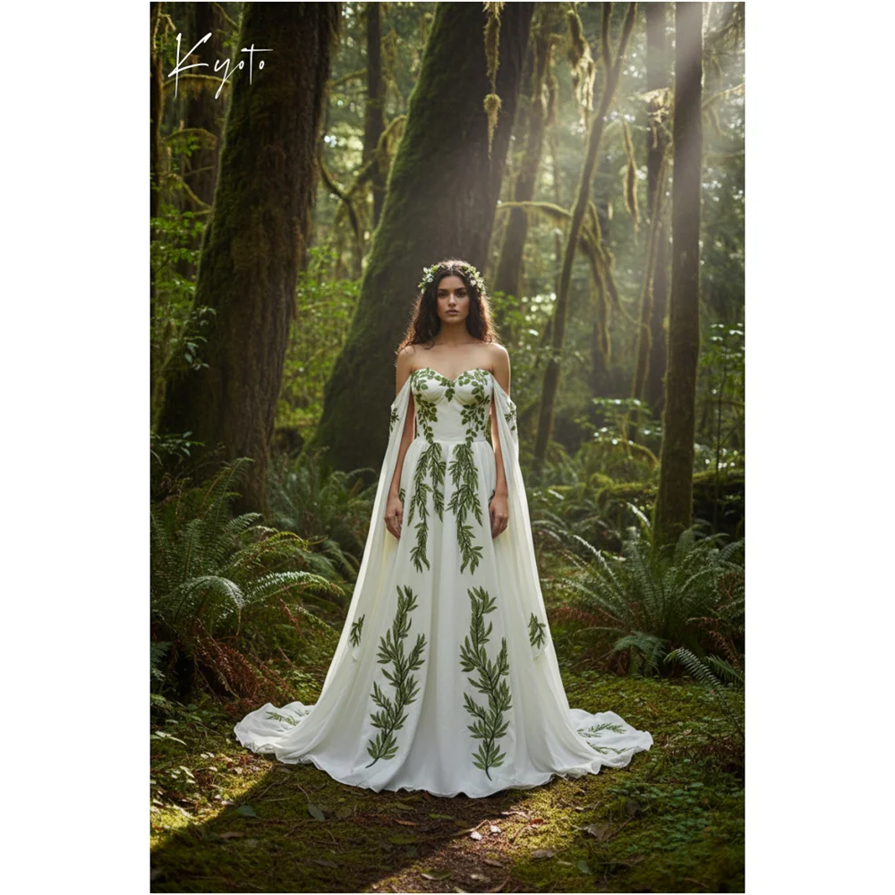 

Kyoto Customized Green Leaf Embroidery With Cape Wedding Dress Off Shoulder A-line vestidos de noche Lace-up Sweep Train Formal