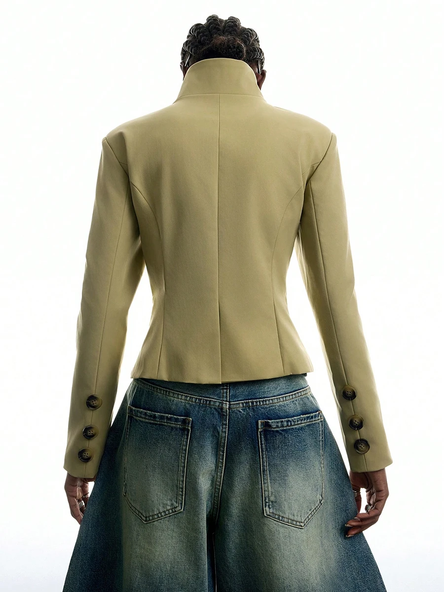 Chic Women Green Suit Jacket Collarless Asymmetrical Button Cinched Waist Cropped Blazer Coat