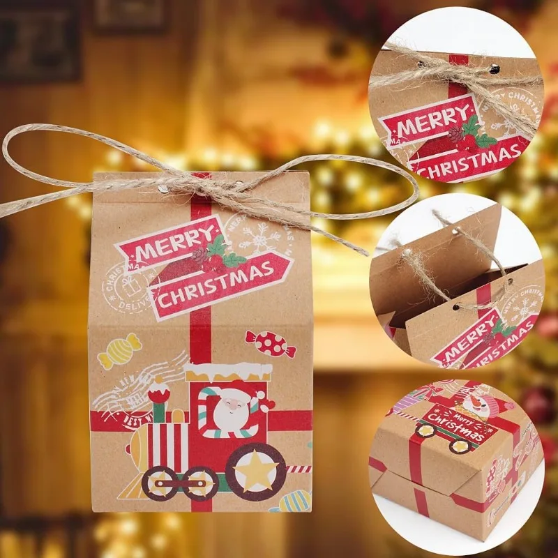 1/30PCS Kraft Paper Gifts Box Christmas Packaging Gift Box with Rope Santa Claus Pattern Packing Box Home Xmas Party Decoration