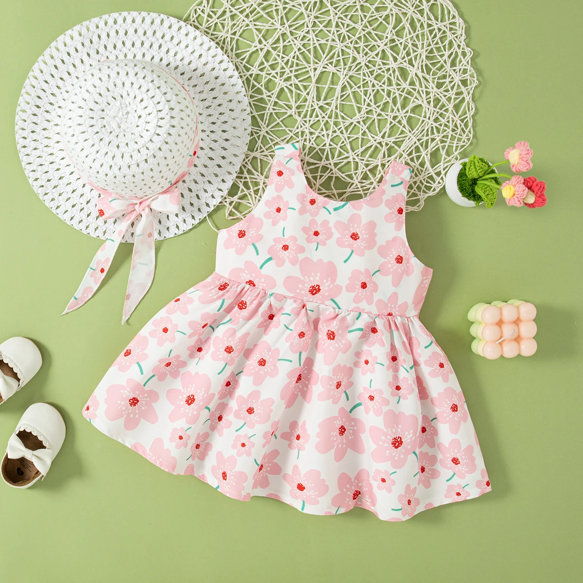 Summer New Sweet Bow Baby Girl Dress, Countryside Style Small Floral Children'S Sleeveless Clothes+Hat (0-3 Years Old)
