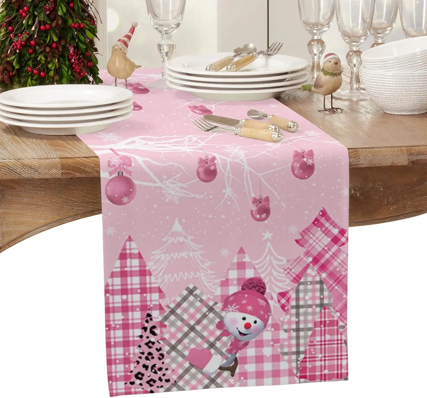 

Pink Christmas Snowman Ball Tree Branch Linen Table Runner Dresser Scarves Reusable Kitchen Table Runner Christmas Decorations