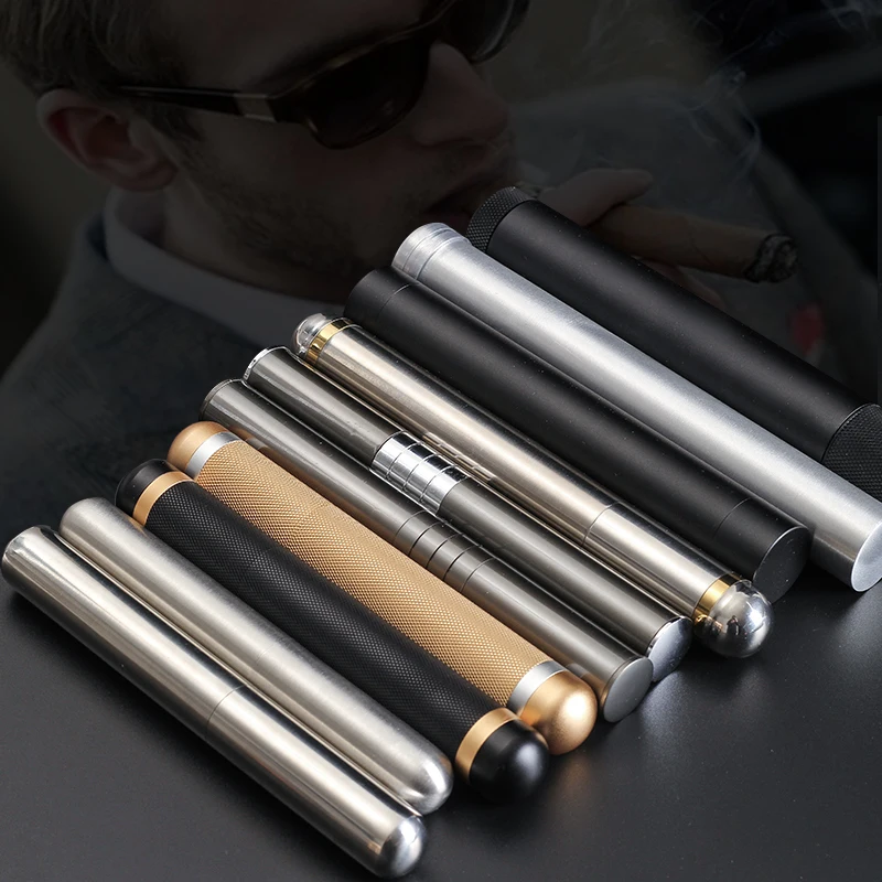 Portable Stainless Steel Cigar Tube Exquisite Polished Cigar Case Single Smoking Set Cuban Cigar Cover Storage Tube