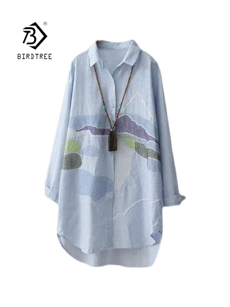 2022 Autumn Women Vintage Striped Cotton Embroidery Long Shirt Turn Down Collar Button Up Blouse Casual Wear Basic Loose Tops