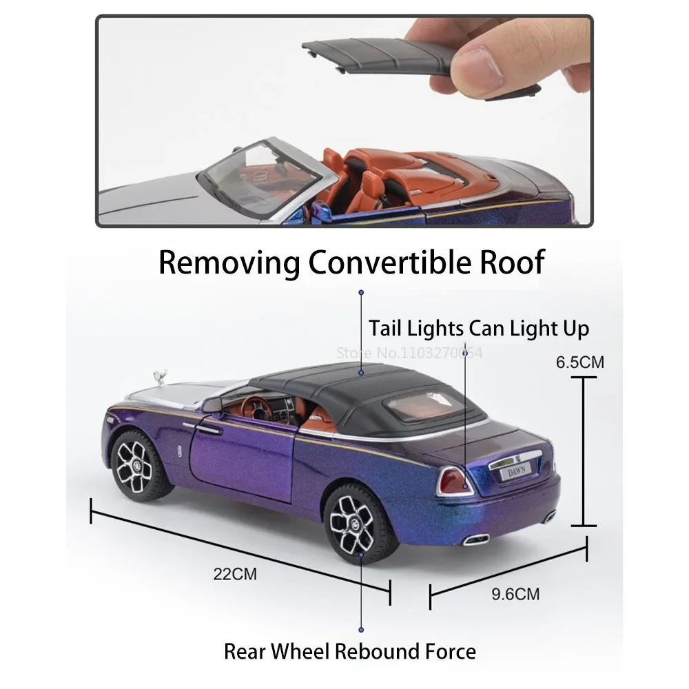 1:24 Rolls-Royce Dawn Diecast Aolly Automodell Spielzeugtüren geöffnet Zurückziehen Sound Licht Gummireifen Spielzeug Miniaturfahrzeug Junge Geschenk