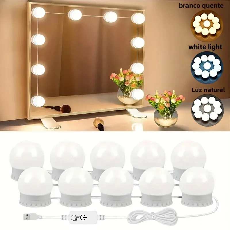 10/12LED Hollywood Vanity Mirror Lights, lâmpadas de maquiagem reguláveis, kit de lâmpada com ventosa com brilho e cor ajustáveis para quarto