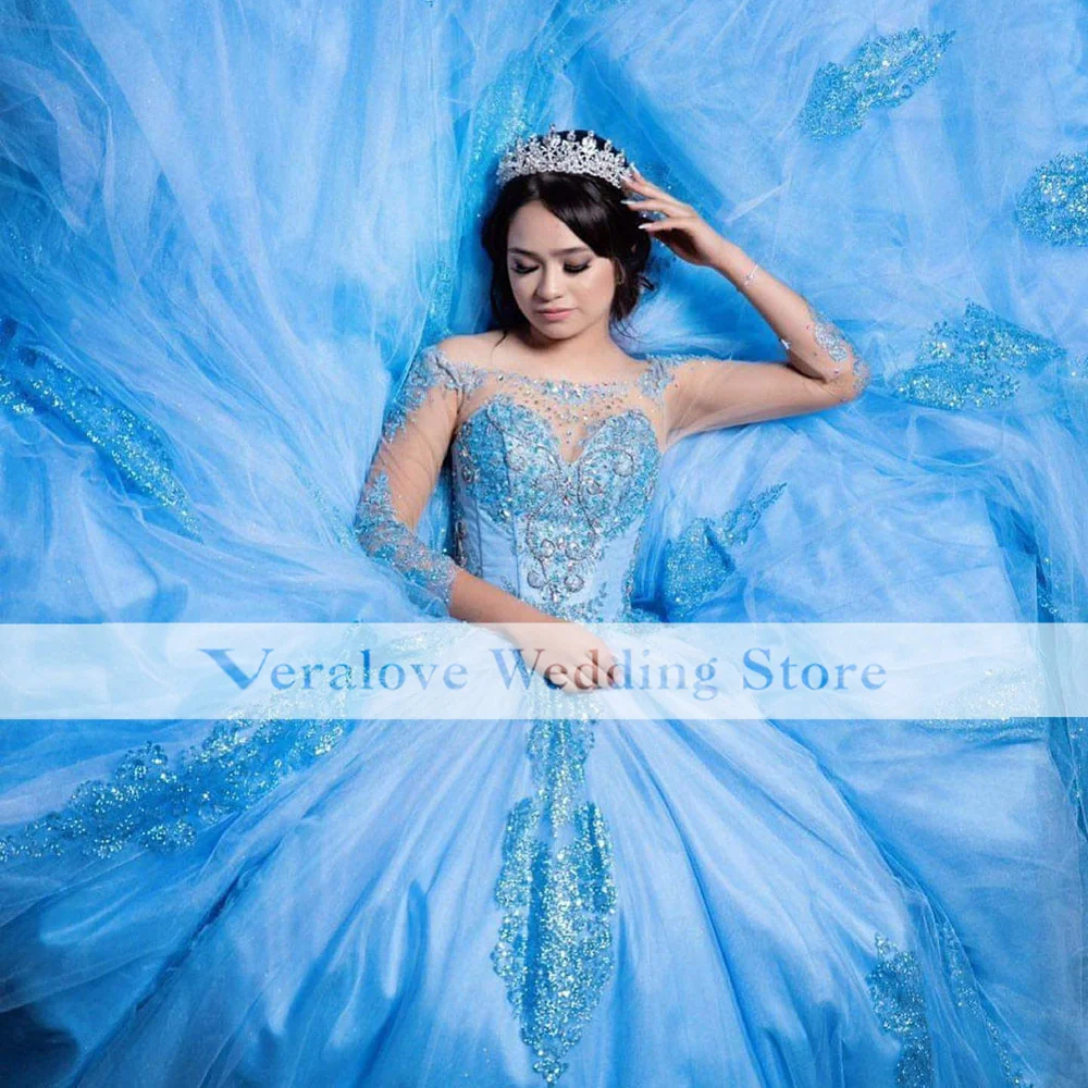 أزرق فاتح فساتين Quinceanera, ثوب حفلة, أكمام طويلة, دانتيل زينة, فستان مشد, 15 سنة