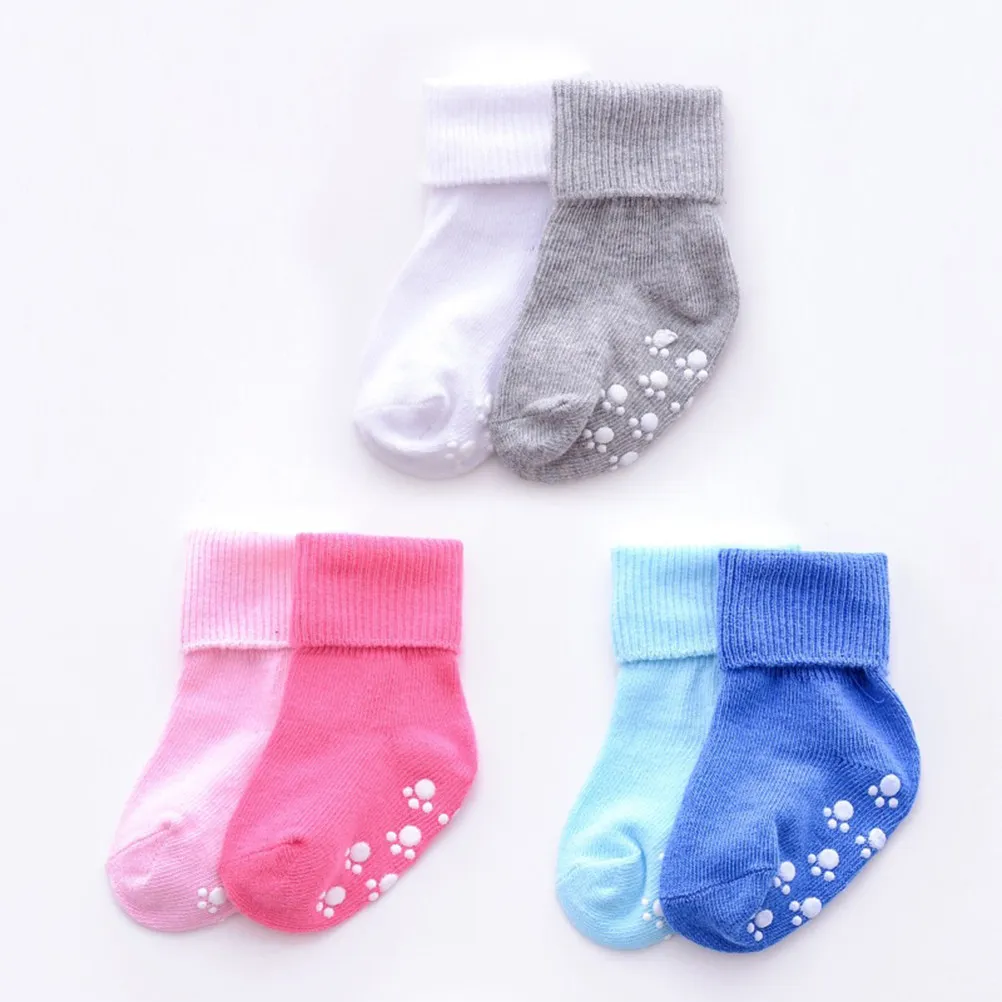 Unisex Non-Slip Baby Socks Turn Cuff Cotton Toddler Socks 1-3 Years Old White Soft Breathable Anti-Slip for Kids Spring Autumn