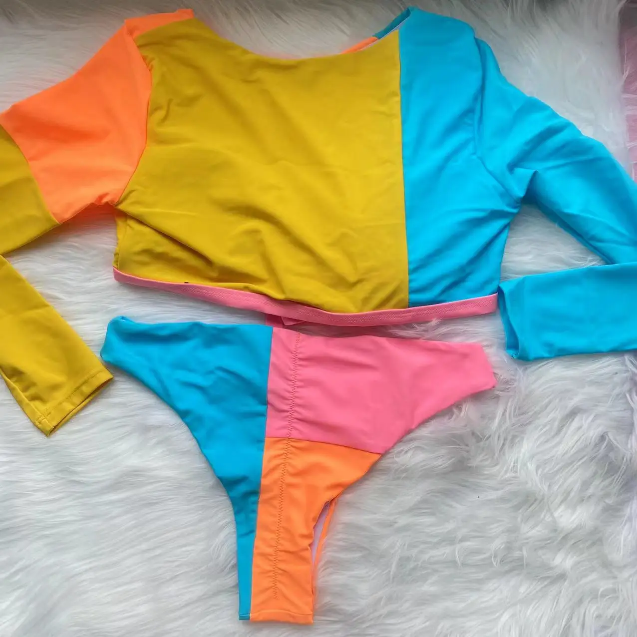 2023 Colorblock Swimsuit Long Sleeve Female Patchwork Swimwear Sexy Monokini Swimming Suits Strap Cross Beachwear Bathing Suits