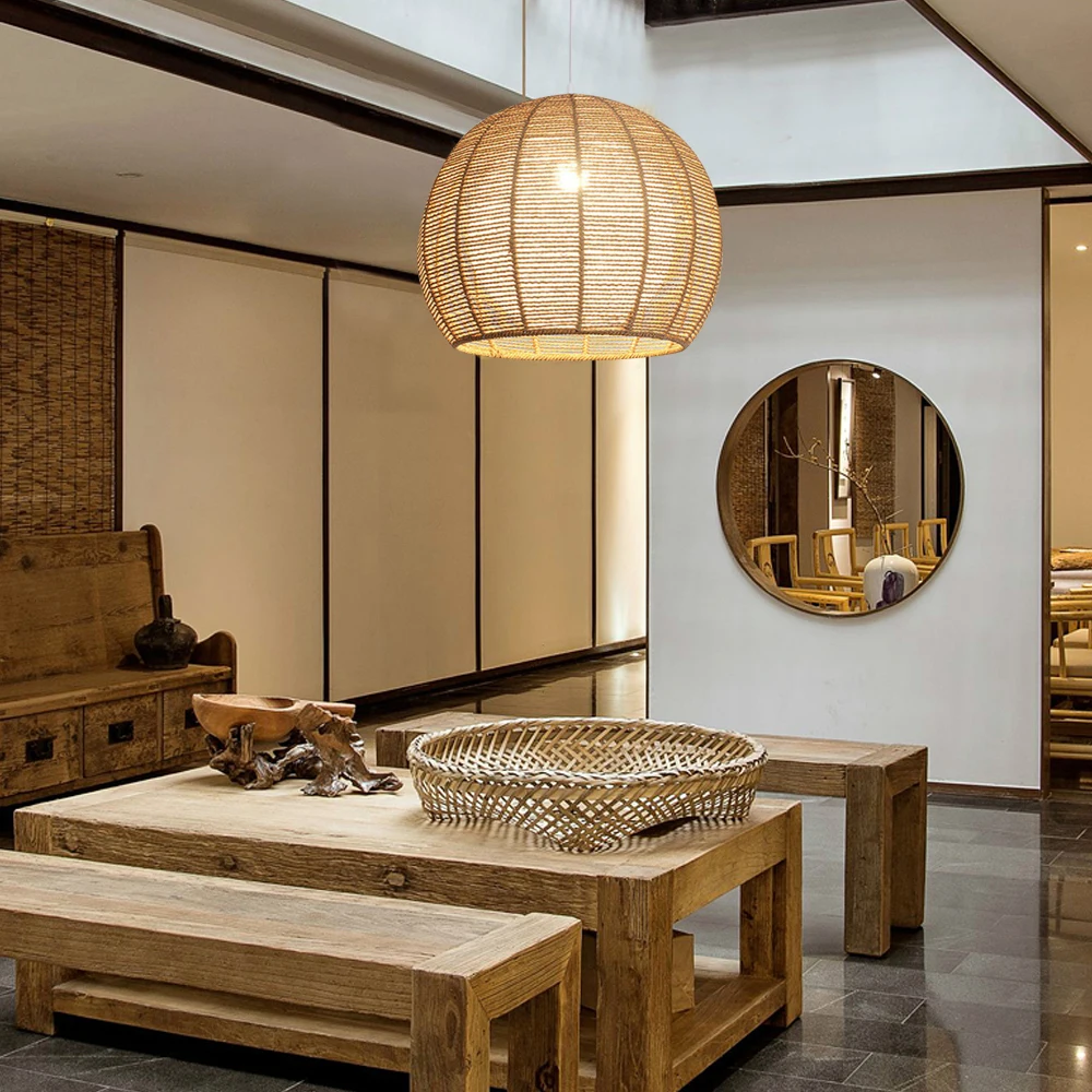 Lodge Wicker Rattan Cell Pendant Light Fixture Farmhouse Hanging Ceiling Lamp Not Including Bulbs