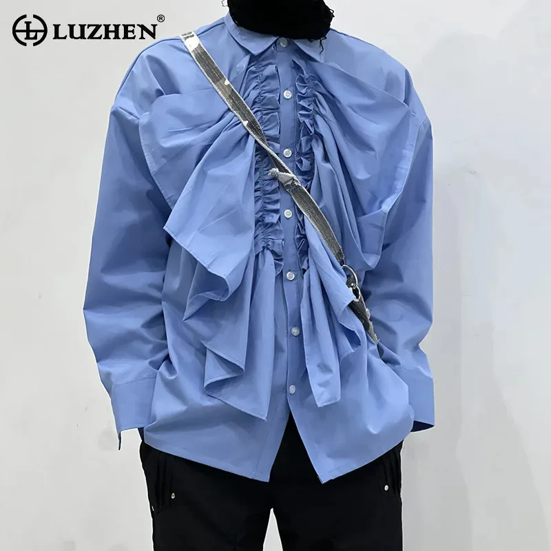 

LUZHEN Fashion Original Personalized Fold Patchwork Design Long Sleeve Shirts Men's 2025 Autumn New Solid Color Male Tops JY3940