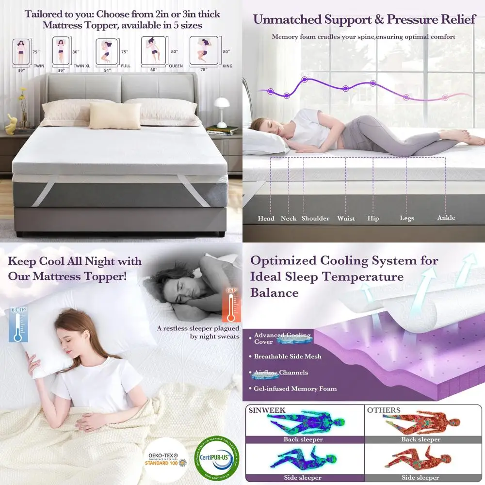

2 Gel Memory Foam Mattress Topper with Cooling Ventilated Cover, Soft Bed Pad, CertiPUR-US Certified, Full