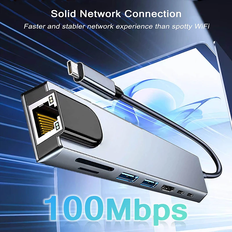 USB C 8 In 1 Hub Adapter for Macbook PC PD Charge 8 Ports Dock Station RJ45 HDMI-Compatible TF/SD Card Laptop Type-C Splitter