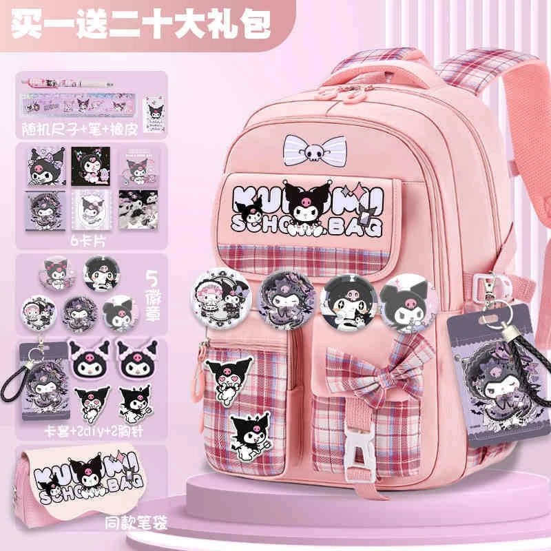 Sanrio Kuromi Schoolbag para meninas novo 2024 mochila escolar leve com proteção de coluna de alto volume para séries 3-9