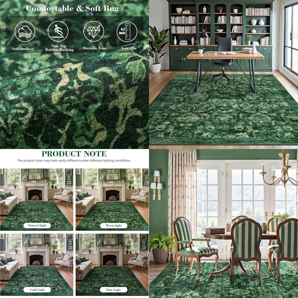 

Dark Green Vintage Area Rug 5x7 for Living Room, Washable Distressed Farmhouse Soft Thin Non-Shedding Indoor Throw Rug, Traditio