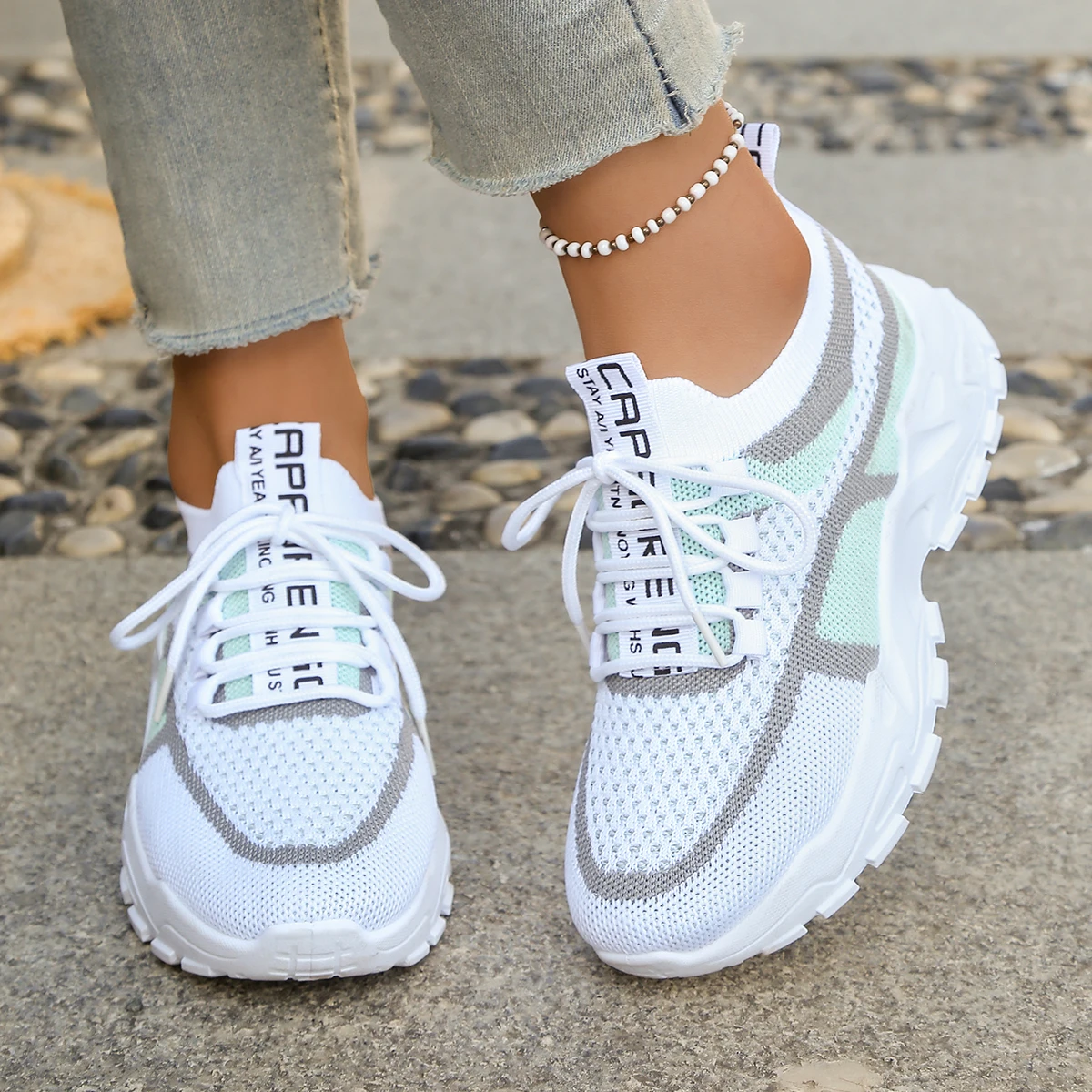 Women's Colorblock Knit Lace-Up Sneakers,Breathable Lightweight Non-slip Chunky Platform Trainers,Sport Shoes,Drop Shipping