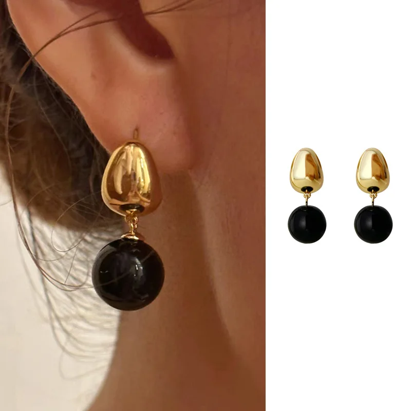 

S925 Silver Needle Black Onyx Ball Earrings for Women European American Fashion Luxury Minimalist Vintage Dainty Stud Earrings