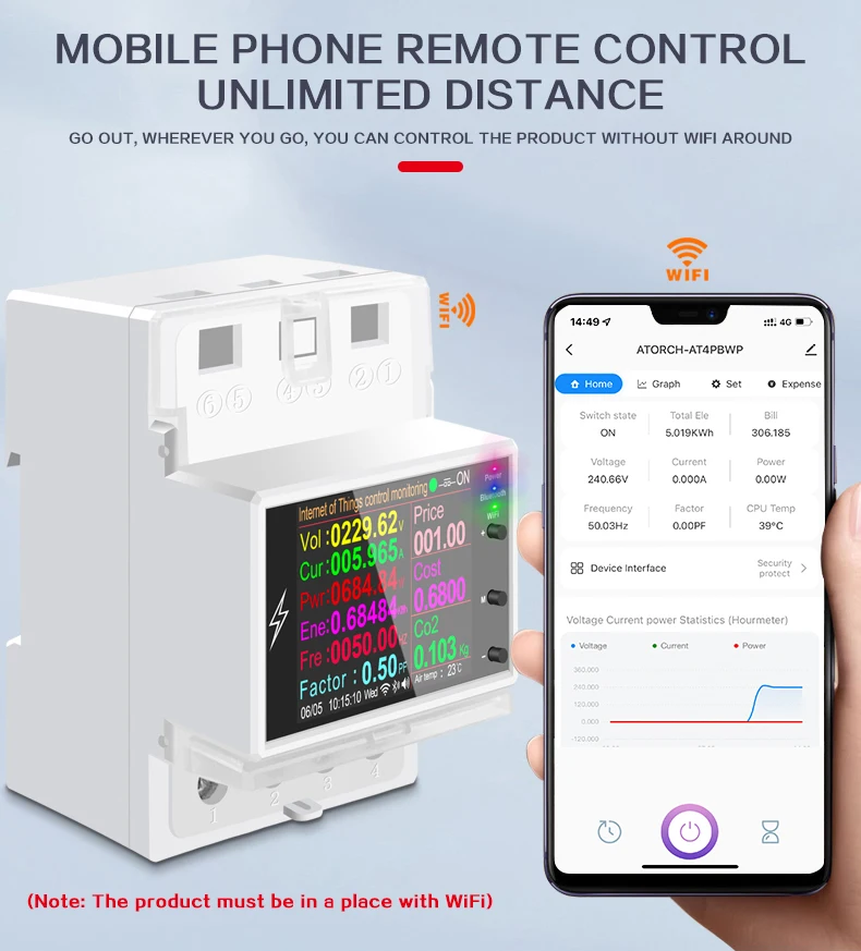 AT4PW 100A Tuya WIFI Din Rail Smart Switch Remote Control AC 220V 110V Digital Power Energy Volt Amp Kwh Frequency Factor Meter