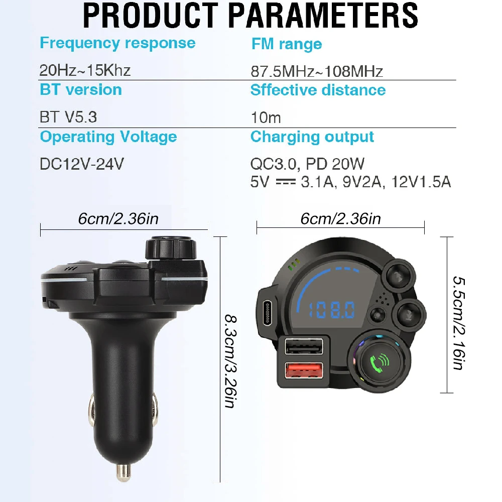 USB-C Bluetooth 5.4 Car Adapter FM Transmitter Wireless MP3 Player PD20W QC30 Fast Charger Hands Free Calling RGB LED Display
