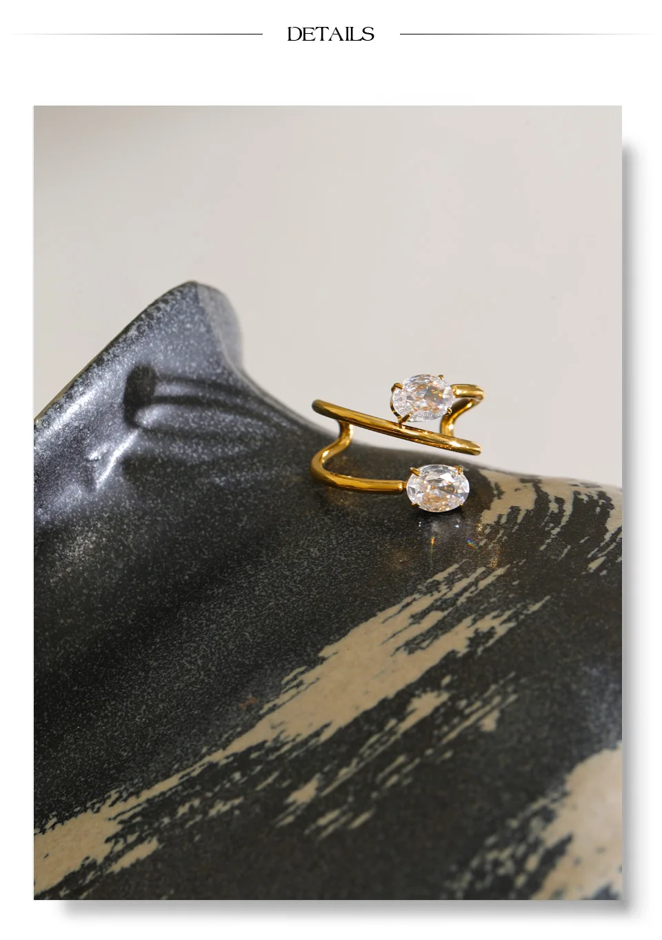 Yhpup Edelstahl-Ring mit Zirkonia, verstellbar, offen, 18K PVD-beschichtet, zarter, stilvoller geometrischer Fingerschmuck – Detail 7