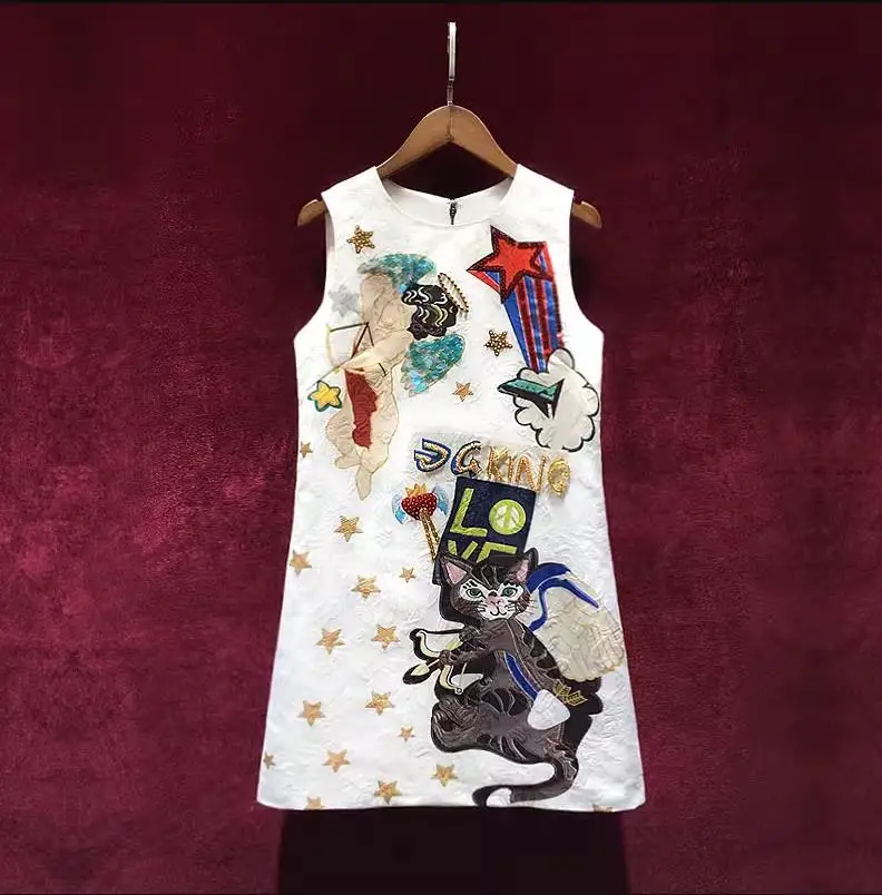 

European and American women's dress 2023 summer new style Sleeveless beaded crew neck fashion Cat Star jacquard dress