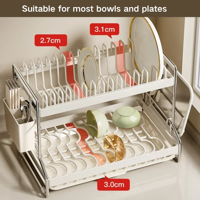 Kitchen Rust-Proof Dish Drying Rack Desktop Dishes Bowls Plate Cutlery Pot Lid Rack Organizer 2-Tier Compact Kitchen Dish Shelf