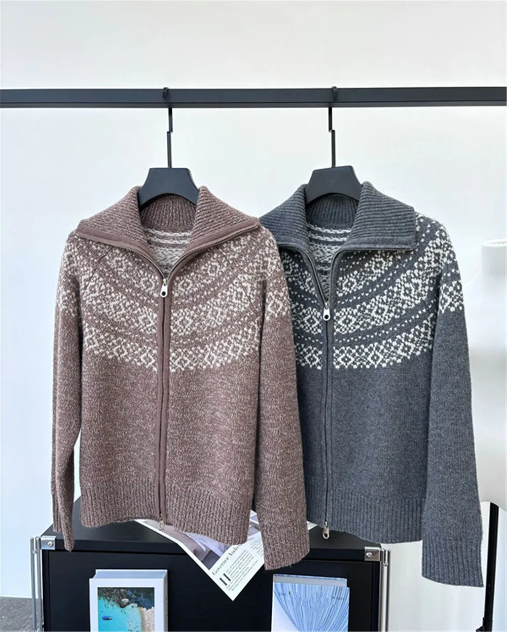 Women'S Cashmere Cardigan Sweater Retro Contrast Color Jacquard Knitted Long Sleeve Loose Jacket Top