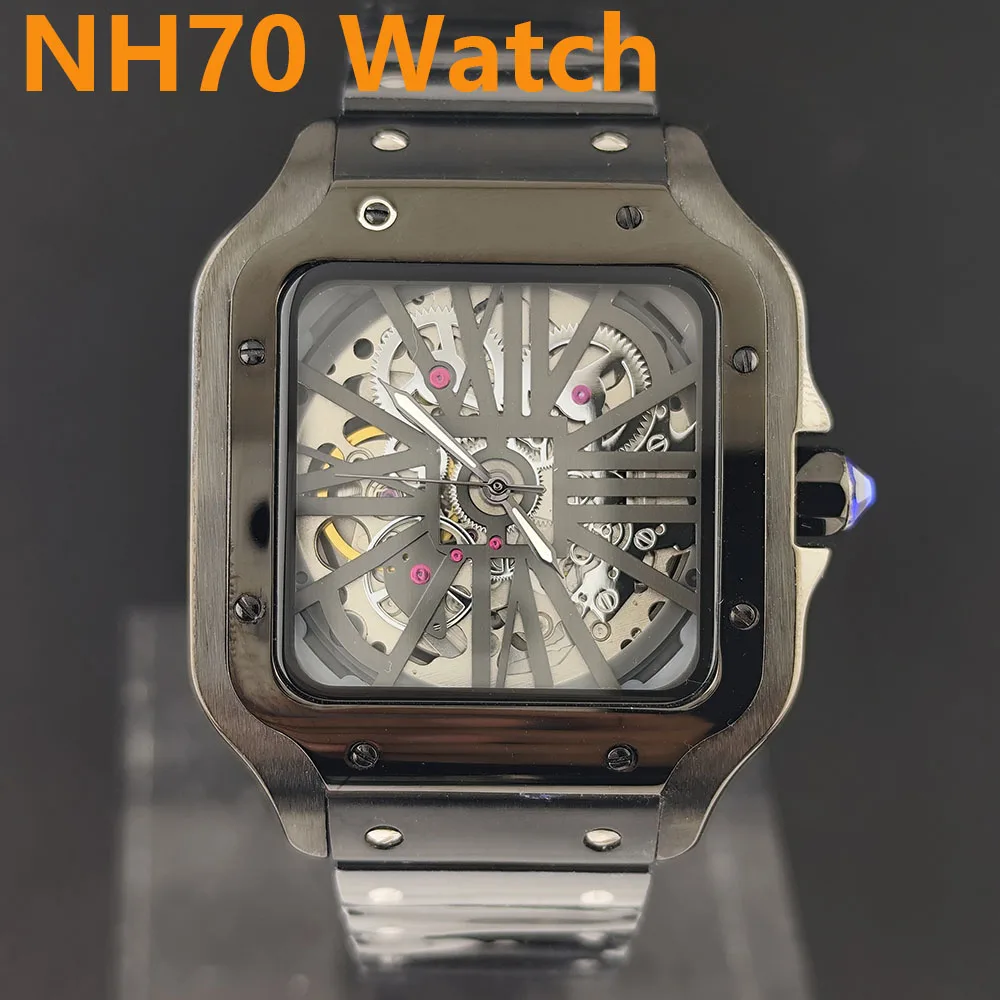 

New NH70 watch square watch men's stainless steel automatic mechanical watch hollow dial NH70 movement sapphire glass