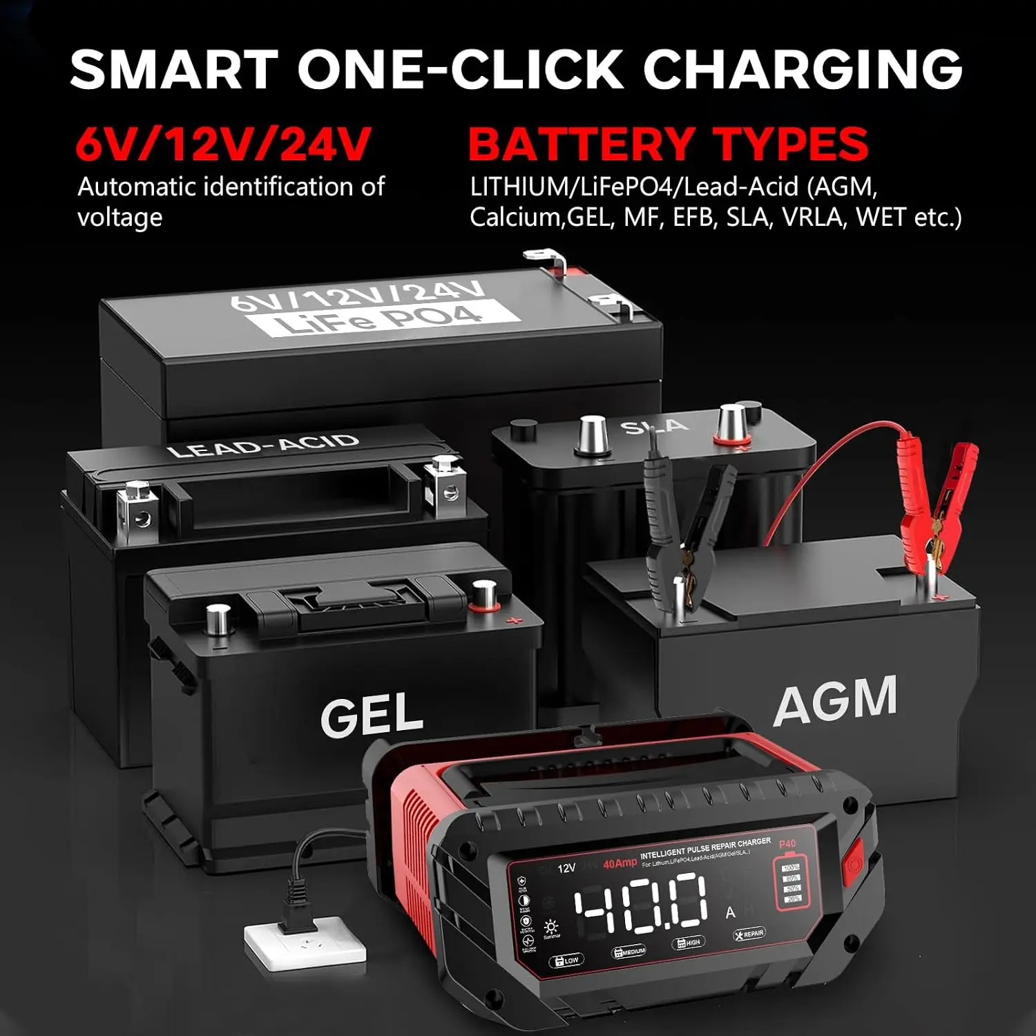 40Amp 6 12 24V Smart Battery Charger Automatic Maintainer Trickle Charger Desulfator Overcharge Protection Temperature Compensat