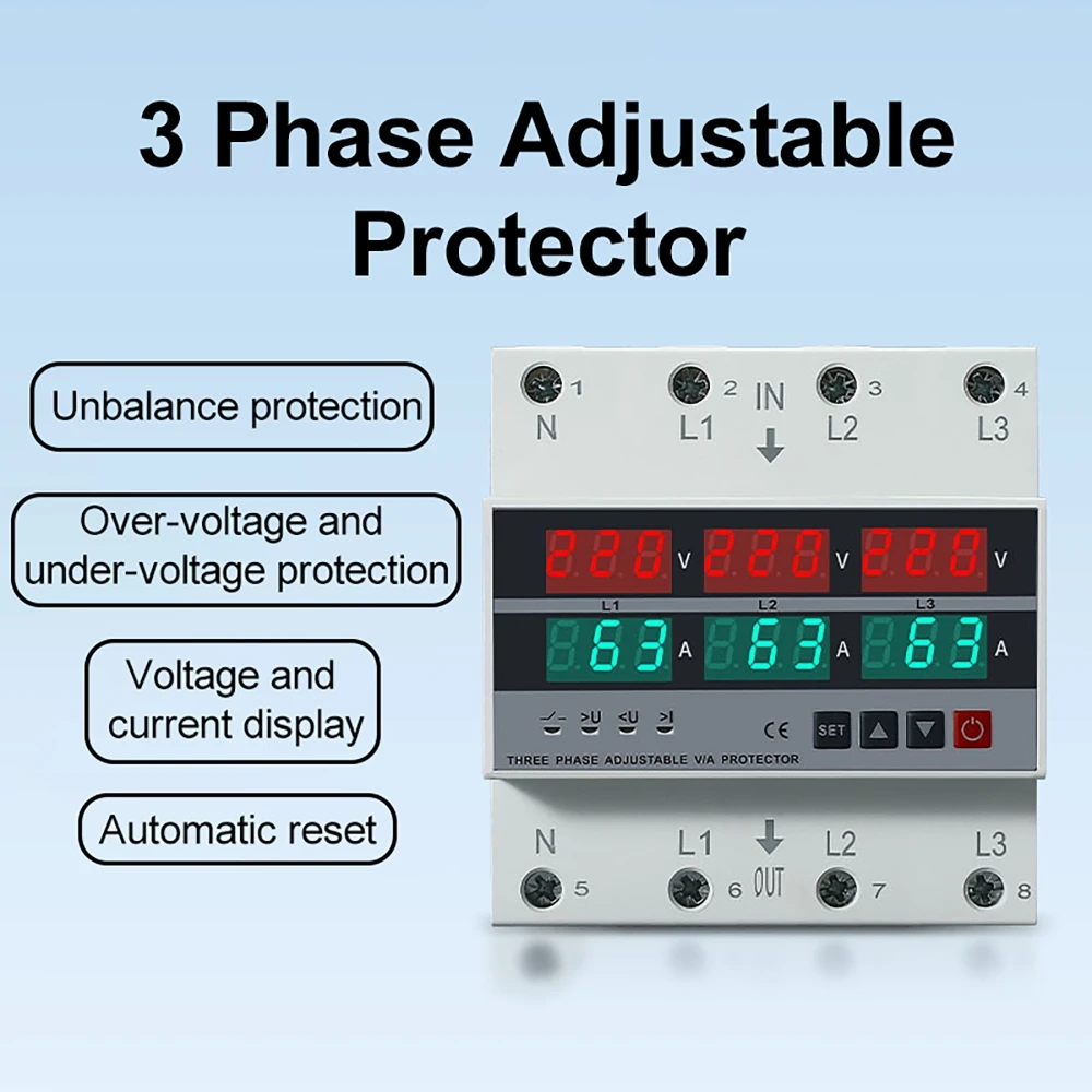 3 Phase Circuit Breaker 63A/100A over-voltage under-voltage Protector Self-Resetting Overcurrent Protection LCD Display