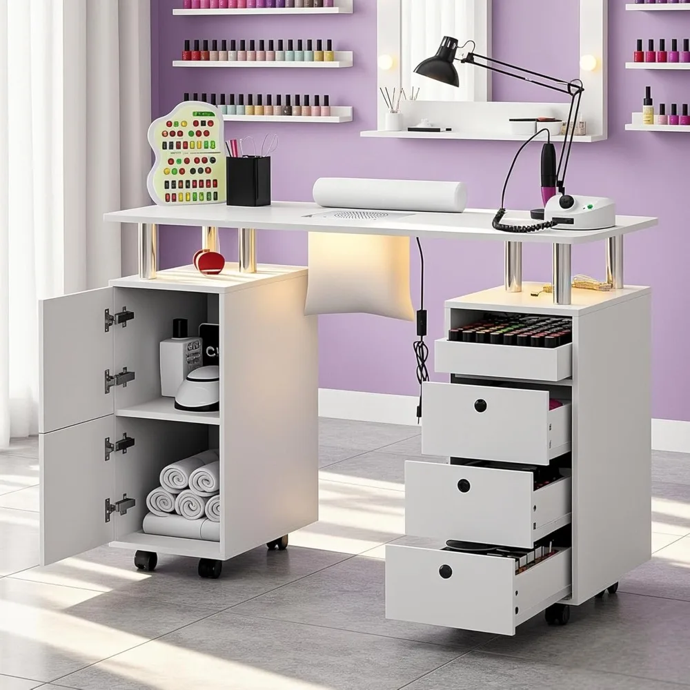 

Nail Desk for Nail Tech w/Electric Dust Collector, Rolling Manicure Table w/Lockable Wheels, Storage Drawers, Wrist, Customized