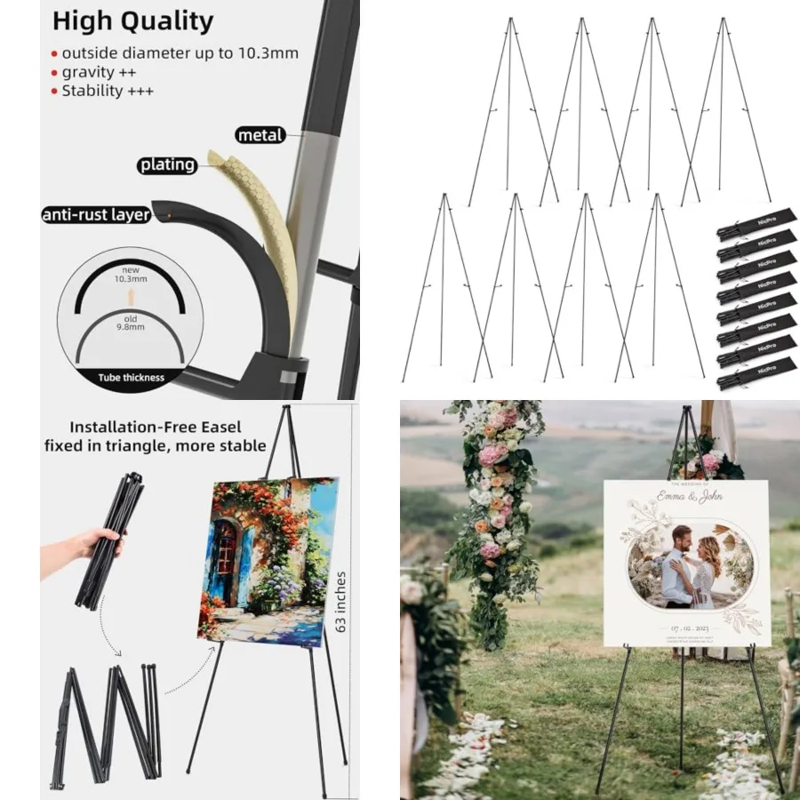

Black Easel Stand for Sign, Pack Metal Portable Adjustable Collapsible Easels for Display, Painting, Poster, Wedding Sign with