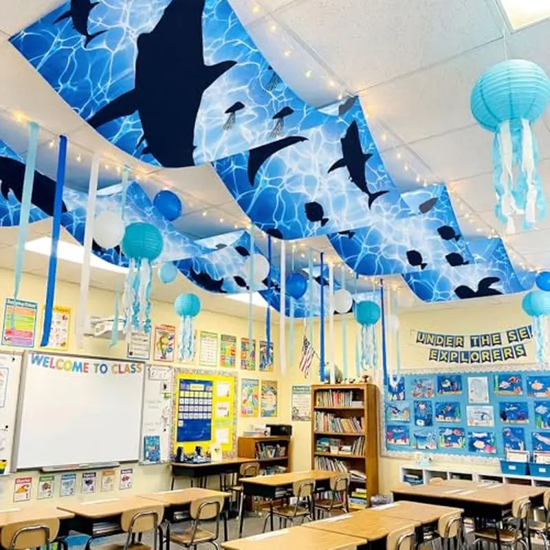 VIKAMA Ocean Whale Ceiling Hanging Curtain, Blue Water Ripple Fish Print Decoration Strip for Underwater Party Kids Room Decor