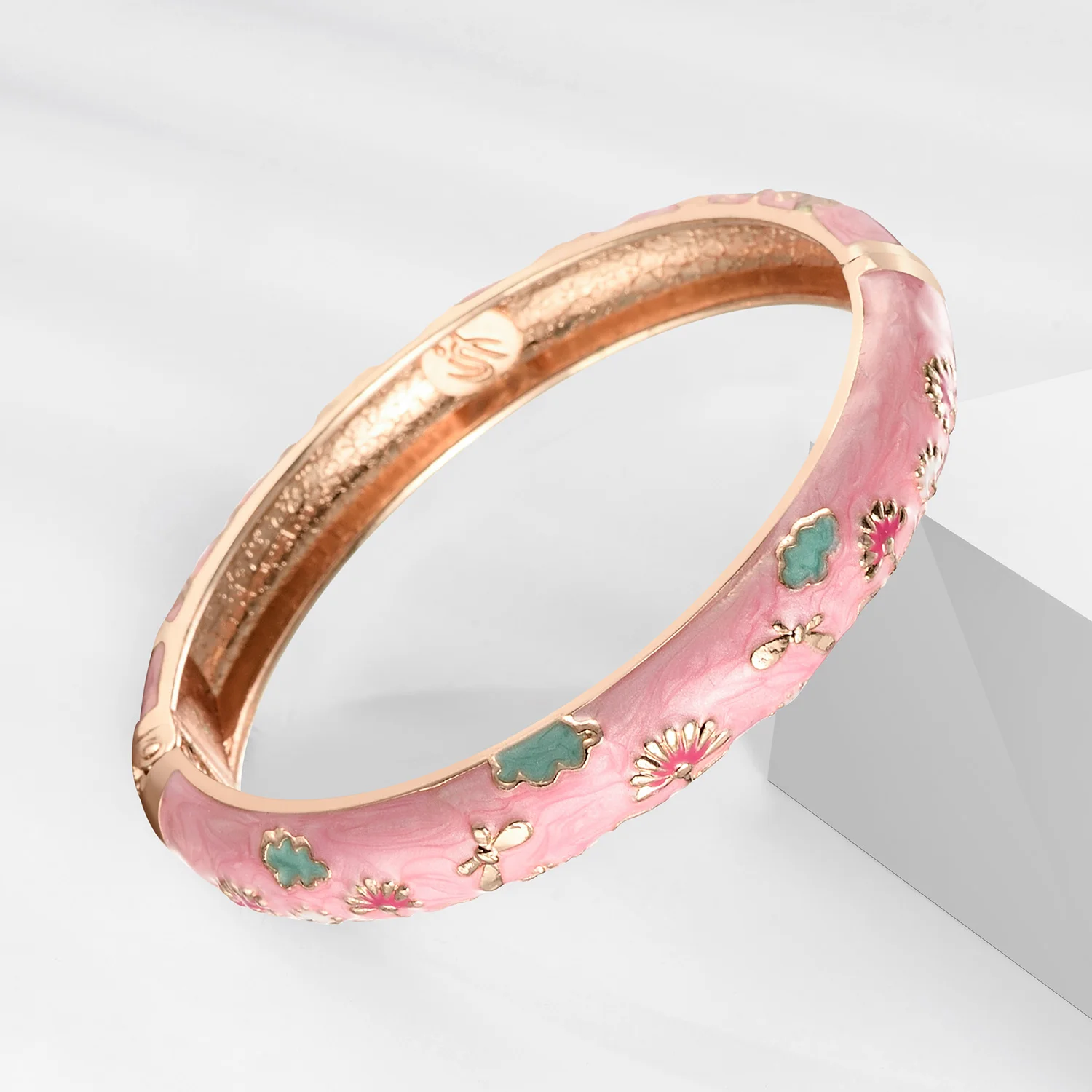 Women\'s Bracelets Set Bangle On Hand Hinge Enamel Cloisonne Bangles For Women Pink Vintage Birthday Gift For Mother