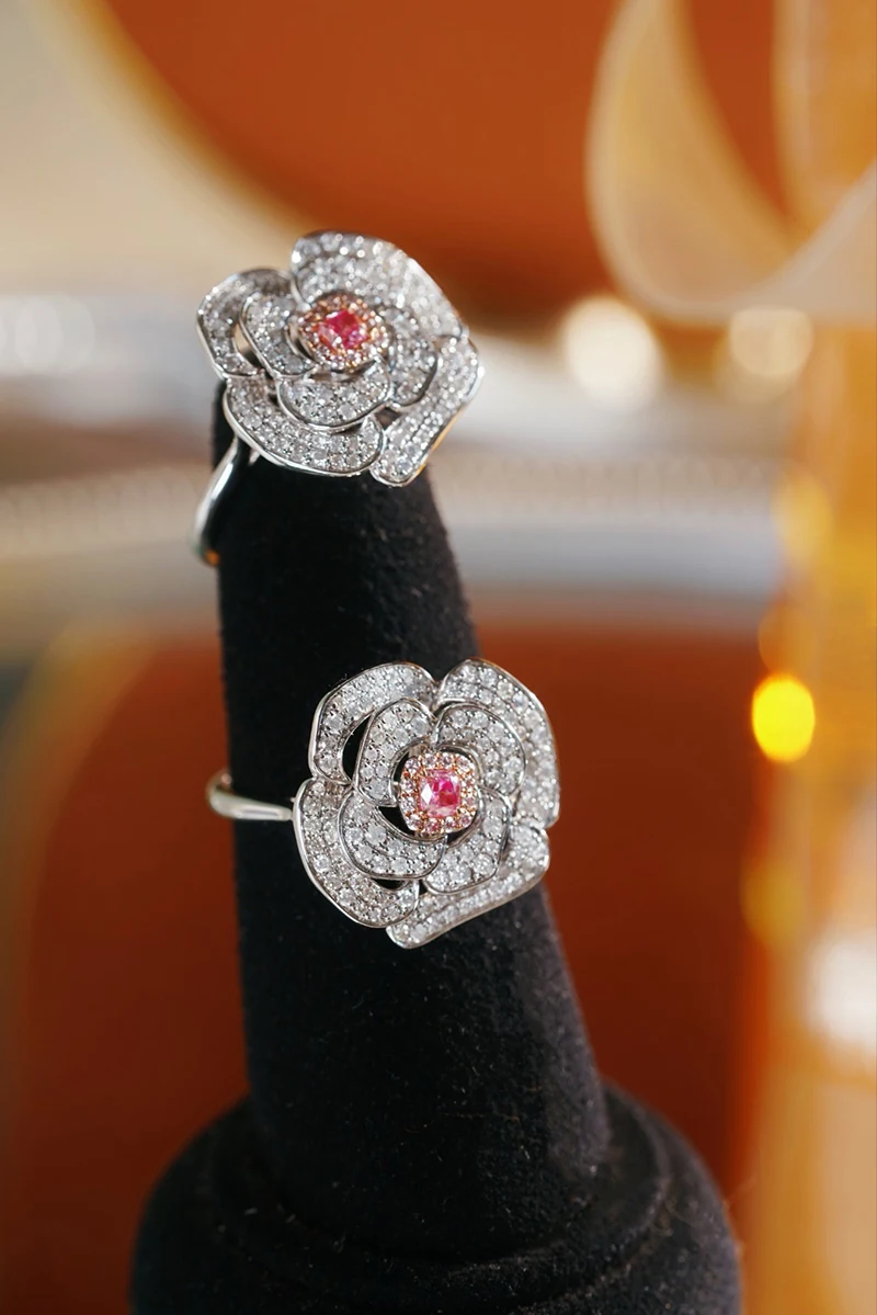 KUGG 100% 18K White Gold Rings Romantic Flower Shape Real Natural Pink Diamond Engagement Ring for Women High Party Jewelry