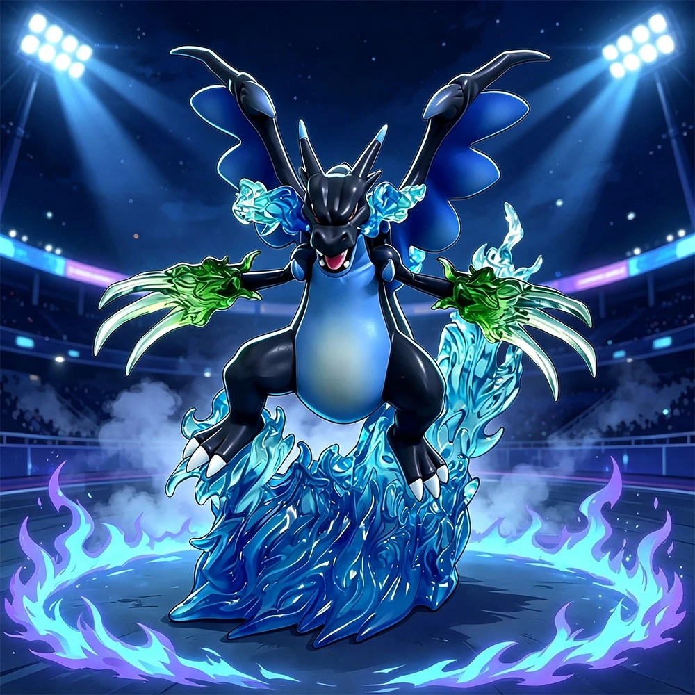 18cm Anime Pokemon Mega Charizard X Figur GK Modell mit Spezialeffekten-Basis PVC-Statue Schreibtischdekoration Sammlerstück Spielzeug Geschenk