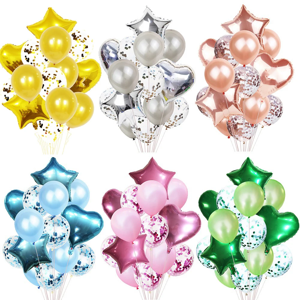Romantic Balloon 14 PCS Stars Love Aluminum Foil Balloons & Latex Balloons With Glitter Perfect For Wedding Party Birthday